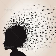 the silhouette of a woman with musical notes coming out of her head and behind her ear