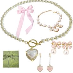 PRICES MAY VARY. 📿 Necklaces Set for Women Trendy - This coquette accessories set for women include 1 piece pearl heart necklace, 1 piece pink hair bow, 2 pieces coquette pearl earrings, 1 piece coquette bracelet, super worthwhile to buy, you can get a matching set of pearl jewelry directly, eliminating the need for tedious selection. This pearl set jewelry for women can meet the needs of multiple occasions. 🎀 The bows hair clip are made from metal clip and soft satin ribbon. Suit for women an Coquette Charm Bracelet, Mother Pearl Jewelry, Coquette Gifts, Pearl Coquette, Coquette Bracelet, Hair Coquette, Coquette Earrings, Coquette Accessories, Bows For Hair