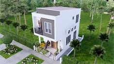 an artist's rendering of a two story house in the middle of some trees