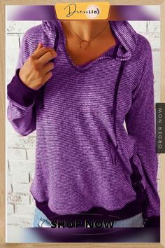 Print Striped Long-sleeved Hooded Sweater Heather Sweatshirt With Drawstring Hood For Fall, Purple Long Sleeve Tops For Winter, Purple Long Sleeve Top For Winter, Purple Long Sleeve Winter Top, Stretch Long Sleeve Hoodie With Drawstring, Winter Long Sleeve Tops With Adjustable Hood, Heather Hooded Hoodie For Fall, Long Sleeve Tops With Drawstring Hood For Fall, Long Sleeve Hoodie For Fall