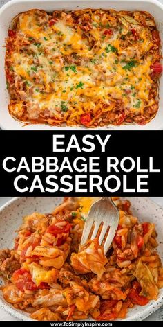 an easy cabbage roll casserole in a white dish