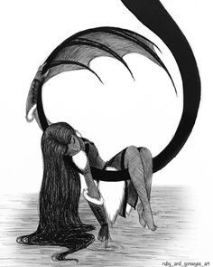 a black and white drawing of a woman holding a dragon in her arms, with the tail curled back