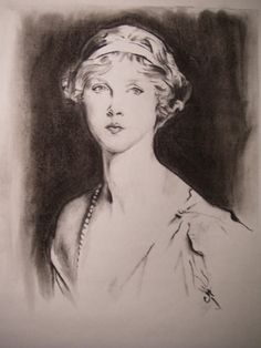 a black and white drawing of a woman in a dress with pearls on her head