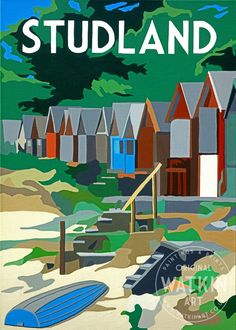 an image of a poster with the words studland written in white and blue on it