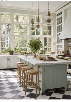 an image of a kitchen setting with checkered flooring and large windows in the background