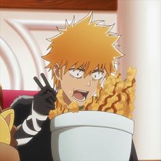 an anime character holding a bowl of food and pointing to it's left side