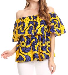 One size regular: Bust 50" (127 cm), Waist 86" ( 218 cm), Length 23" ( 48 cm). US 8-22W, EU 38-52, UK 12-26. Shell: Colorful wax Ankara print on rayon fabric. Care: Wash cold, iron from reverse to preserve vibrant color. Lovely off-shoulder ruffle top. Simple and feminine, this top has the perfect shape for many body types. Can be use on/off shoulder. Comes in unique vibrant colors. A must in any wardrobe. Versatile top that goes great with solid bottoms. Pair it with shorts and sandals for an e Printed Off-shoulder Blouse For Vacation, Off-shoulder Printed Blouse For Vacation, Bohemian Off-shoulder Multicolor Tops, Bohemian Multicolor Off-shoulder Tops, Multicolor Off-shoulder Bohemian Tops, Colorful Summer Top With Yellow Pattern, Yellow Tops With Colorful Pattern For Summer, Cotton Off-shoulder Top With Floral Print, Cotton Floral Print Off-shoulder Tops