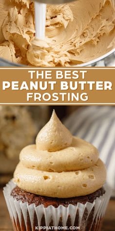 peanut butter frosting in a bowl and on a chocolate cupcake Frosting For Cupcakes, Butter Frosting Recipe, Peanut Butter Frosting Recipe, Peanut Butter Icing, Frosting Cupcakes, Butter Icing, Peanut Butter Frosting, Best Peanut Butter