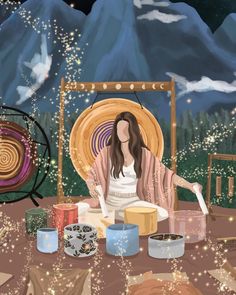 A moonlit soundbath in the Colorado mountains 🌕 Private commission for the wonderful @spiritualbizcoach ✨ #soundbath #soundhealing #meditation #yogaart #retreatart #gongbath #holisticwellness #selfcare #selflove #selfcareart #spiritualart #magicalart #esoteric #arttherapy #conciousness #healingart Bath Illustration, Meditation Illustration, Sacred Woman, Healing Retreats, Flame Art, Sound Meditation, Sound Bath, Yoga Motivation, Healing Space