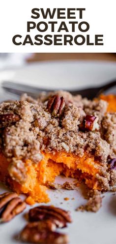 sweet potato casserole on a plate with pecans