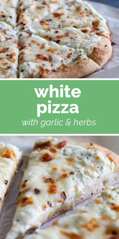 white pizza with garlic and herbs is shown in two different pictures, one has cheese on it