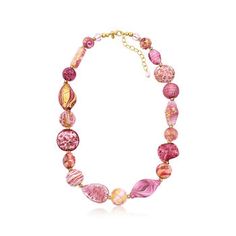 Ross-Simons - Italian Pink, 18kt Yellow Gold Murano Glass Bead Necklace Over Sterling. 20". From Italy, this eclectic necklace celebrates the fascinating beauty of handmade Murano glass. Featuring 4-22mm multi-shaped Murano glass beads in an artful array of pink and gold designs that are truly individual yet perfectly complementary to one another. Features 18kt yellow gold over sterling silver spacer beads and a lobster clasp with a 2" extender. Graduates from 1/4" to 7/8" wide. Murano glass is Adjustable Murano Glass Necklace, Pink Glass Necklace With Round Beads, Adjustable Round Murano Glass Necklace, Adjustable Gold Murano Glass Necklaces, Pink Czech Glass Necklaces With Colorful Beads, Murano Glass Beaded Necklaces For Gifts, Artisan Single Strand Glass Necklace, Artisan Glass Necklaces With Unique Variations, Pink Single Strand Glass Necklace