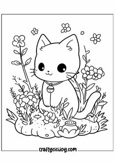 a cute cat sitting in the grass with flowers and butterflies around it, coloring page