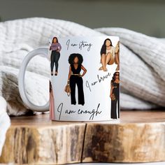 a coffee mug with pictures of women on it and the words, i am sorry