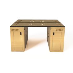 an office desk made out of wood and metal with drawers on each side, in front of a white background