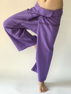 "Unisex Thai fisherman pants. One size fits all. You can wear in many occasions, casual wear, yoga wear, maternity wear, relax at home, travel etc. If you are looking for some pants that you can wear everywhere, comfortable, relax and Easy to wear. Thai fisherman pants is Answer!! Nice gift for yourself or your lover One pocket on the side for storing your items such as wallets, mobile phones, etc Approx. Measurements: One size can fits most and 1 Pockets Measurement Waist 27\" (69 cms) Length 4 Baggy Cotton Cargo Pants In Purple, Baggy Purple Cotton Cargo Pants, Purple Cotton Straight Leg Pants, Baggy Purple Cotton Pants, Purple Straight Leg Cotton Pants, Purple Cotton Pants With Pockets, Purple Baggy Cotton Pants, Purple Baggy Wide Leg Pants, Purple Cotton Wide Leg Pants With Pockets