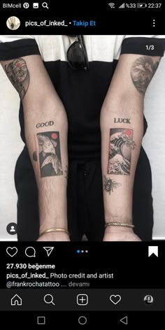 two people with matching tattoos on their arms