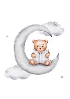 a teddy bear sitting on top of a crescent reading a book in the sky with stars