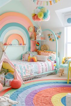 a child's bedroom decorated in pastel colors with rainbow rugs on the floor