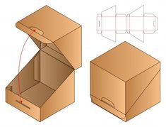 an open cardboard box with the lid closed and side view showing how to cut it