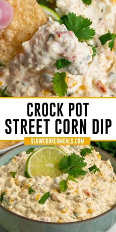 A chip holding a bite of crock pot street corn dip. Street Corn Dip Crock Pot, Crock Pot Street Corn, Toasted Baguette Slices, Street Corn Dip, Fall Crockpot, Mexican Street Corn Dip, Baguette Slices