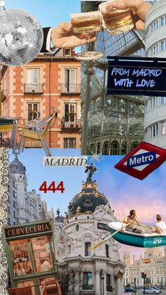 the collage shows many different buildings and people in them, including one with a sign that says from madrid with love