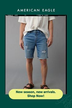 EasyFlex/The authentic denim look you want with just enough flex for all-day comfort./Comfortable and never loses its shape/Medium wash/Ripped/Cuffed hem Casual Everyday Distressed Bottoms, Casual Relaxed Fit Denim Jean Shorts, Casual Medium Wash Recycled Denim Jean Shorts, Casual Distressed Recycled Denim Bottoms, Casual Distressed Jean Shorts With Relaxed Fit, Casual Distressed Jean Shorts, Casual Jean Shorts With Frayed Hem For Everyday, Relaxed Fit Casual Jean Shorts, Casual Recycled Denim Jean Shorts For Spring