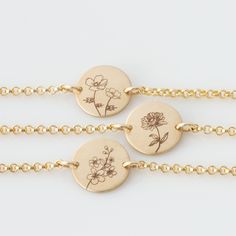 "This birth flower bracelet makes a beautiful gift! Engraved and hand assembled with care and love, it comes in 14k gold fill, rose gold fill, or sterling silver. HOW - TO - ORDER - & - PERSONALIZE 1. Select your options from the drop down menu see photo for font styles and symbol options 2. Add to cart (repeat for multiple items) 3. Go to checkout and leave personalization details in note section what birth flower you would like engraved on disc any other notes or requests *For any question Birth Flower Bracelet, Poppy Necklace, Rose Bracelet, Birth Month Flower, Month Flowers, Birth Month Flowers, Mom Necklace, Birth Flower, Shopping Day