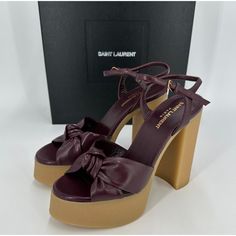 Saint Laurent Women's Bianca Node High Heel Platform Sandals Color: Wine Red Size: 38+ (Us 8.5) Retail: $1,050 Condition: Brand New In Box *Fits True To Size, Order Your Normal Size *Open Toe *Buckled Ankle Strap *Knot Detail At Toe Strap *5.5" Heel, 2" Platform, Feels Like 3.5" Heel *Leather Upper And Lining, Rubber Sole *Made In Italy Luxury Sandals With Wrapped Heel And Round Toe, Formal Sandals With Red Sole And Round Toe, Formal Sandals With Round Toe And Red Sole, Burgundy Open Toe Sandals For Evening, Burgundy Open Toe Sandals For Formal Occasions, Burgundy Open Toe Formal Sandals, Formal Burgundy Open Toe Sandals, Elegant Burgundy Sandals For Party, Luxury Red Sole Open Toe Heels