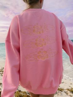 SURFBOARD CREW SWEATSHIRT - Sunkissedcoconut Cute Pink Cotton Sweatshirt, Sunkissed Coconut Sweatshirt, Casual Pink Beach Sweatshirt, Oversized Pink Crew Sweatshirt, Oversized Pink Crew Neck Sweatshirt, Colorado Hoodie, Luxury Paints, American Flag Hoodie, Luxury Printing