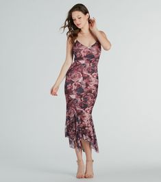 Turn heads in this floral mesh midi dress at parties and on dates! Featuring a flirty v-neckline and bungee spaghetti straps, and a bodycon silhouette that accentuates your curves. The asymmetrical-cut ruffled midi-length hem adds a touch of playfulness to the elegant watercolor floral print in airy mesh-lined fabric. Complete the look in a cute open-front cardigan and heels!Fit & FeaturesSleeveless V-necklineBungee spaghetti strapsBodycon silhouetteAsymmetrical-cut ruffled midi-length hemWatercolor floral printAiry mesh fabric, short stretchy knit liningRuns true to size V-neck Mesh Party Dress, V-neck Floral Print Midi Dress For Party, Sheer V-neck Midi Dress For Parties, Flirty Floral Print Midi Dress For Party, Elegant Mesh V-neck Dresses, Elegant V-neck Mesh Dress, Summer V-neck Mesh Dress, Summer Mesh V-neck Dress, Fitted Floral Print Midi Dress For Party Season