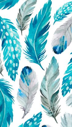 watercolor feathers on white background with blue and gray colors, seamless pattern for fabric or wallpaper