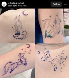 four different tattoos on the back of women's shoulder and arm, each with an image of a fox