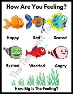 a poster with different types of fish and words that describe the feelings in each one