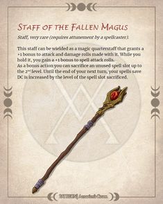 the staff of the fallen magus is shown in this card game poster, with an explanation