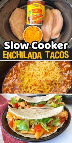 slow cooker enchilada tacos with shredded cheese and chicken in the background