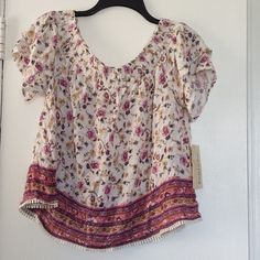 Excellent Condition Nwt Lightweight And Comfortable Rayon Lace Trim Bottom, Can Be Worn On Or Off The Shoulder 22 Pit To Pit X 17.5 Down Compare For Fit Sized As Large Junior Casual Boho Print Tops For Beach, Beige Floral Print Beach Tops, Casual Beige Tops With Boho Print, Casual Beige Boho Print Top, Fancy Shirt, Maroon Blouse, Strappy Tank Tops, Popover Shirt, Tunic Tank Tops