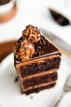 a piece of chocolate cake with frosting and sprinkles on a plate