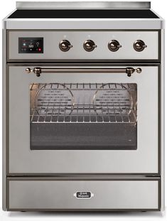 30" Freestanding Induction Range with 4 Elements, 3 Cu. Ft. Capacity, Storage Drawer, Self-Clean, and Convection Oven: Stainless Steel, Bronze Trim. Magnetic waves induce heat directly in the pan for quick boiling and intense sears, leaving less heat on the surface. The large capacity oven gives plenty of space to cook multiple dishes. It provides storage for pots and pans. It also serves as the dish warmer drawer by using the residual heat from the oven for heating up your plates. Makes cooking Freestanding Range, Kitchen Centerpiece, Fancy Kitchens, Induction Range, Dual Fuel Ranges, Iron Grate, 4 Elements, Cool Doors, Warming Drawer