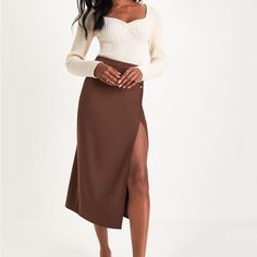 Nwt Lulus Perfect Sophistication Brown Twill Button Wrap Midi Skirt Size: Xs Condition: Nwt Make Offers?:) Medium Brown Skirt, Formal Outfits For College, Tan Midi Skirt Outfit, Brown Midi Skirt Outfit, Dramatic Romantic Style, Brown Aesthetic Clothes, Brown Skirt Outfit Ideas, Brown Clothes Aesthetic, True Autumn Color Palette