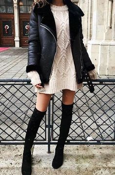 Cable knit sweater dress // over the knee boots // winter black coat // casual chic style Sweaters Outfit, Cable Knit Sweater Dress, Casual Chique, Casual Chic Style, Knit Sweater Dress, Look Casual, Outfit Casual, Fall Winter Outfits, Outfit Idea