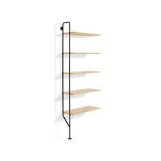 a wooden shelf with three shelves on one side and two black metal bars on the other