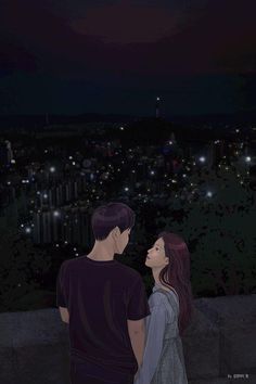 a man and woman looking at the night city lights from a hill top with their backs to each other