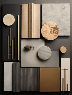 an assortment of different types of materials on display with gold, black and white accents