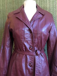 1970s Leather Trench Coat l Burgandy Leather Trench Coat l Vintage Trench Coat Red Leather Jacket