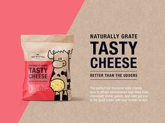 a bag of tasty cheese next to a packet of cheesy potatoes on a pink and brown background