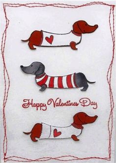 valentine's day card with two dachshunds wearing sweaters and hearts