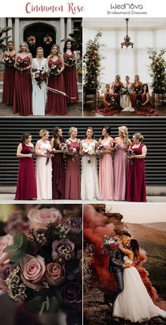 the wedding party is posing for pictures in their dresses and bouquets, with pink roses