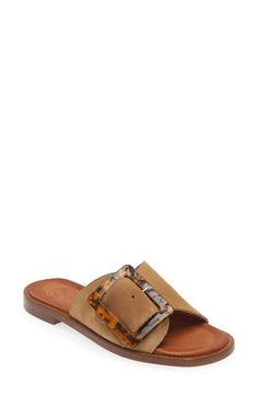 Bold buckle hardware adds an undeniably sophisticated touch to the suede strap of this versatile casual sandal. Adjustable strap with buckle closure Leather upper, lining and sole Made in Spain Penelope Chilvers, Shoe Wishlist, Buckle Sandals, Casual Sandals, Sandal Women, Walk On, Women's Shoes Sandals, What To Wear, Camel