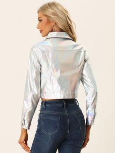 Shop Allegra K for metallic biker holographic button down shiny jacket you are looking for, get more women's jackets for yourelf. Order now! Free Returns! Halloween Spread, Womens Tailored Suit, Cropped Jackets, Shiny Jacket, Metallic Jacket, Metallic Design, Halloween Long Sleeve, Women's Jackets, Woman Standing